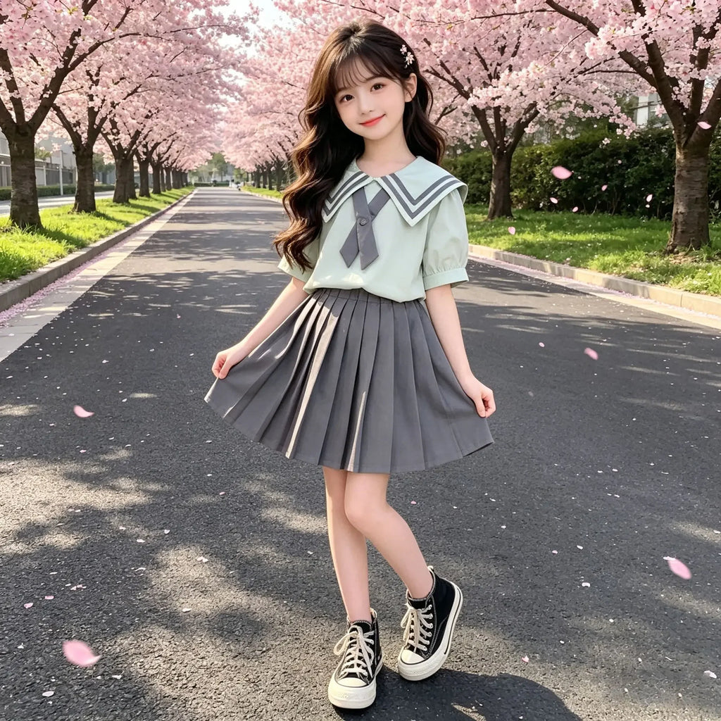 2026 Summer New Arrival Girls JK Uniform Set Sweet Campus Style Pleated Skirt 2Pcs Outfit for Little Middle Kids Cute Preppy Fas