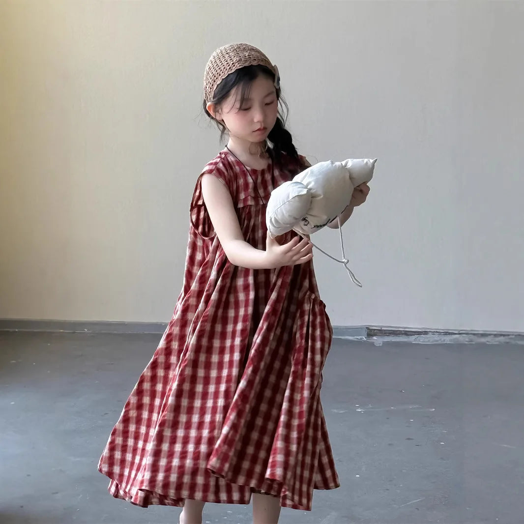 Girls' plaid dress 2025 summer new Korean children's cotton dress stylish mid length long skirt