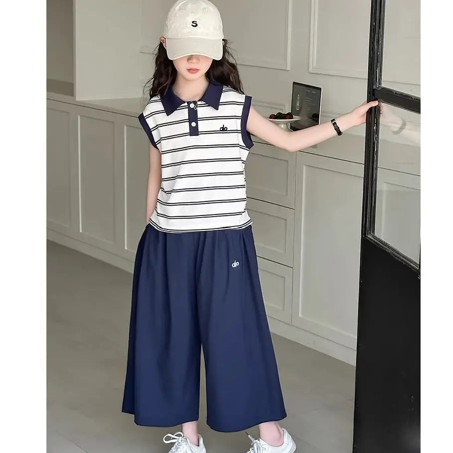 Summer New Arrival Girls Fashion Striped POLO Vest & Wide Leg Pants 2pcs Sets Casual Loose Two Piece Outfits For Teenage Kids