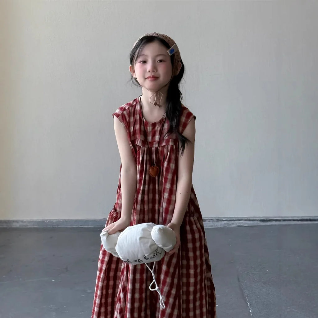 Girls' plaid dress 2025 summer new Korean children's cotton dress stylish mid length long skirt