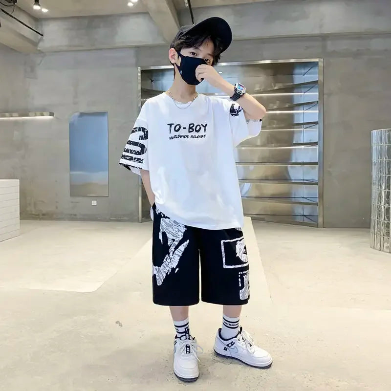 3-14 Years Teenage Boys Hip Hop Streetwear 2Pcs Outfits Summer Trendy Casual Sports Pure Cotton T-shirt Pants Fashion Kids Cloth
