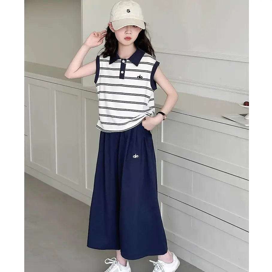 Summer New Arrival Girls Fashion Striped POLO Vest & Wide Leg Pants 2pcs Sets Casual Loose Two Piece Outfits For Teenage Kids