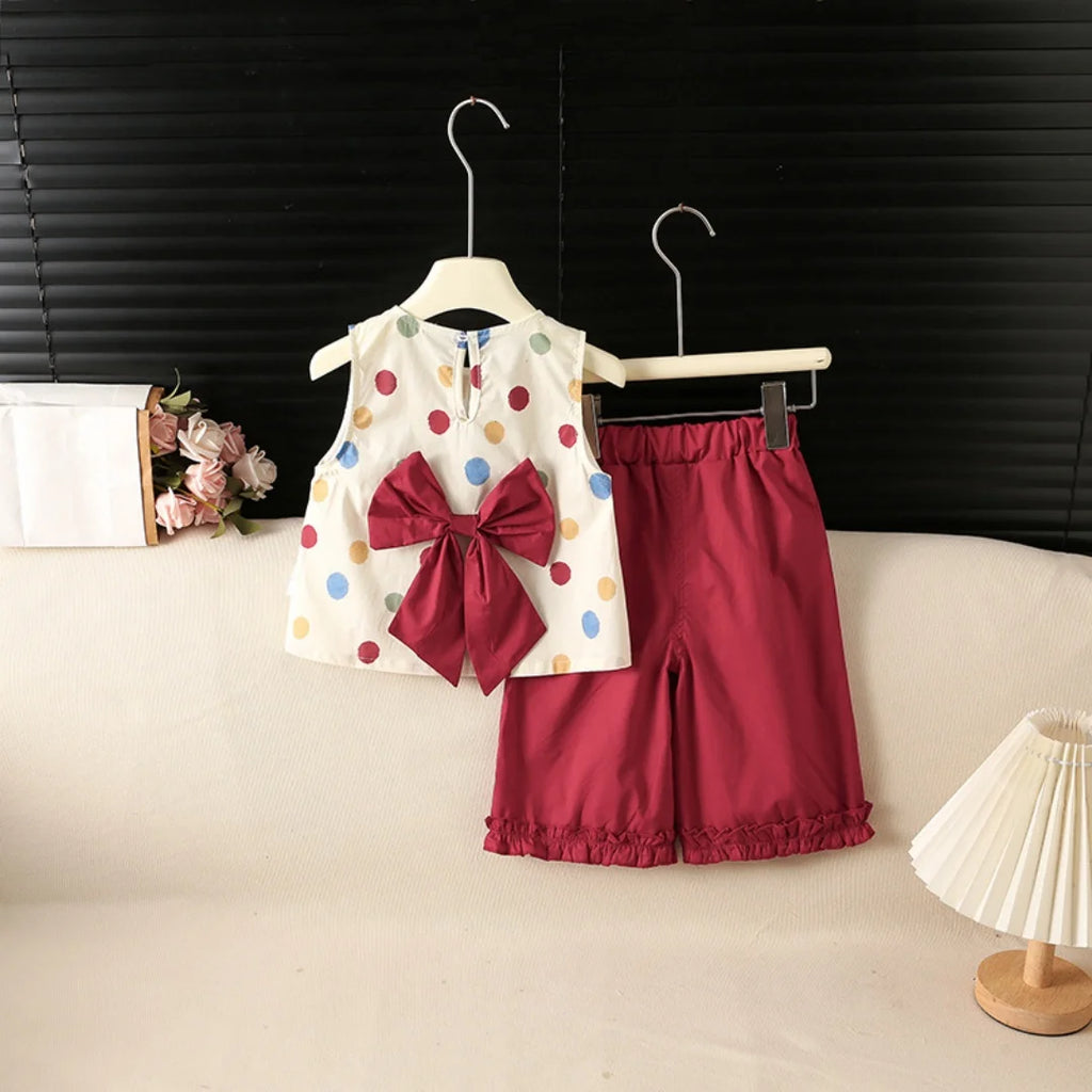 Summer 1T-6T Sweet Girls Suit Polka Dot Sleeveless Top+Solid Color Ruffle Pants 2 Pcs Clothes for Kids Thin Soft Children Suit
