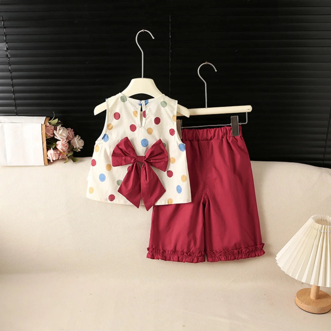 Summer 1T-6T Sweet Girls Suit Polka Dot Sleeveless Top+Solid Color Ruffle Pants 2 Pcs Clothes for Kids Thin Soft Children Suit