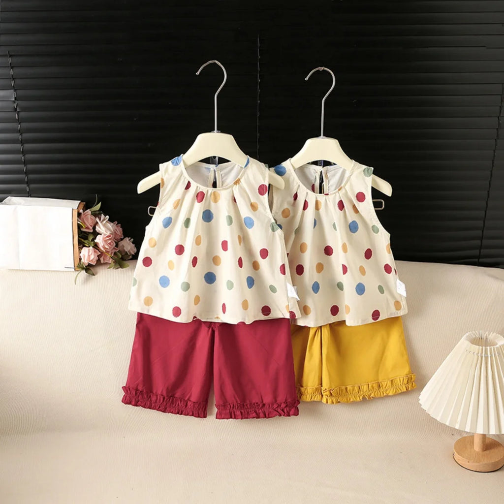 Summer 1T-6T Sweet Girls Suit Polka Dot Sleeveless Top+Solid Color Ruffle Pants 2 Pcs Clothes for Kids Thin Soft Children Suit