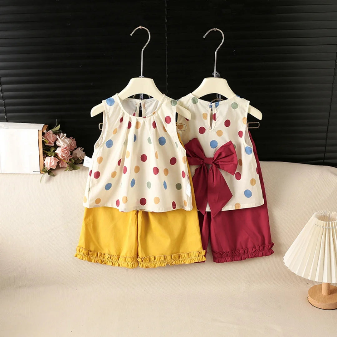 Summer 1T-6T Sweet Girls Suit Polka Dot Sleeveless Top+Solid Color Ruffle Pants 2 Pcs Clothes for Kids Thin Soft Children Suit