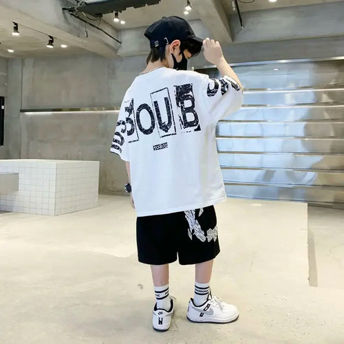 3-14 Years Teenage Boys Hip Hop Streetwear 2Pcs Outfits Summer Trendy Casual Sports Pure Cotton T-shirt Pants Fashion Kids Cloth