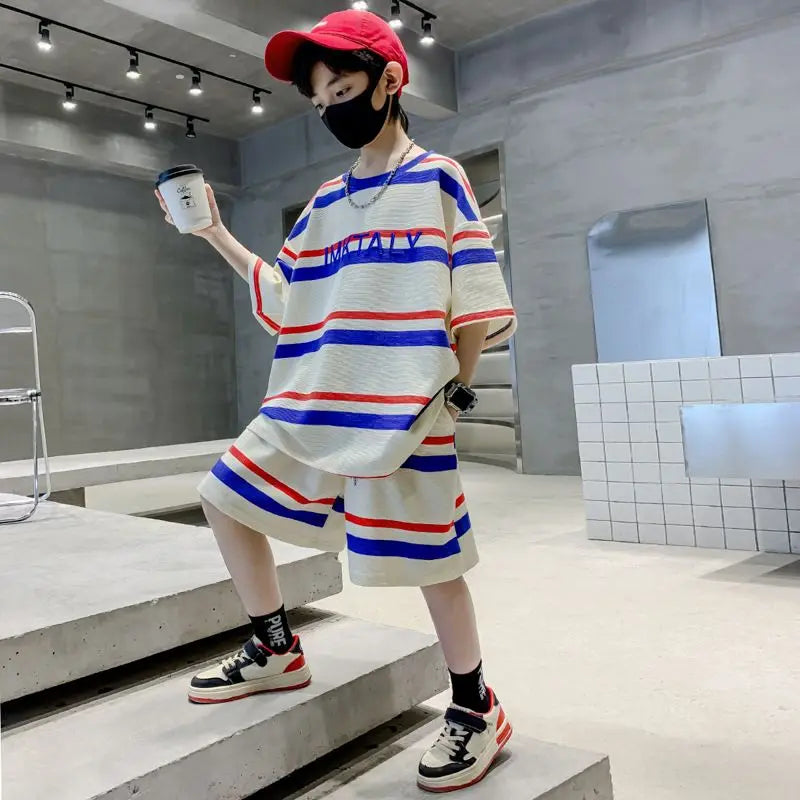 Striped Short-sleeved Sportswear Summer Suit for Boy Set Children From 4 Years Old Tees Kids Clothes Boys Children's Costumes 11