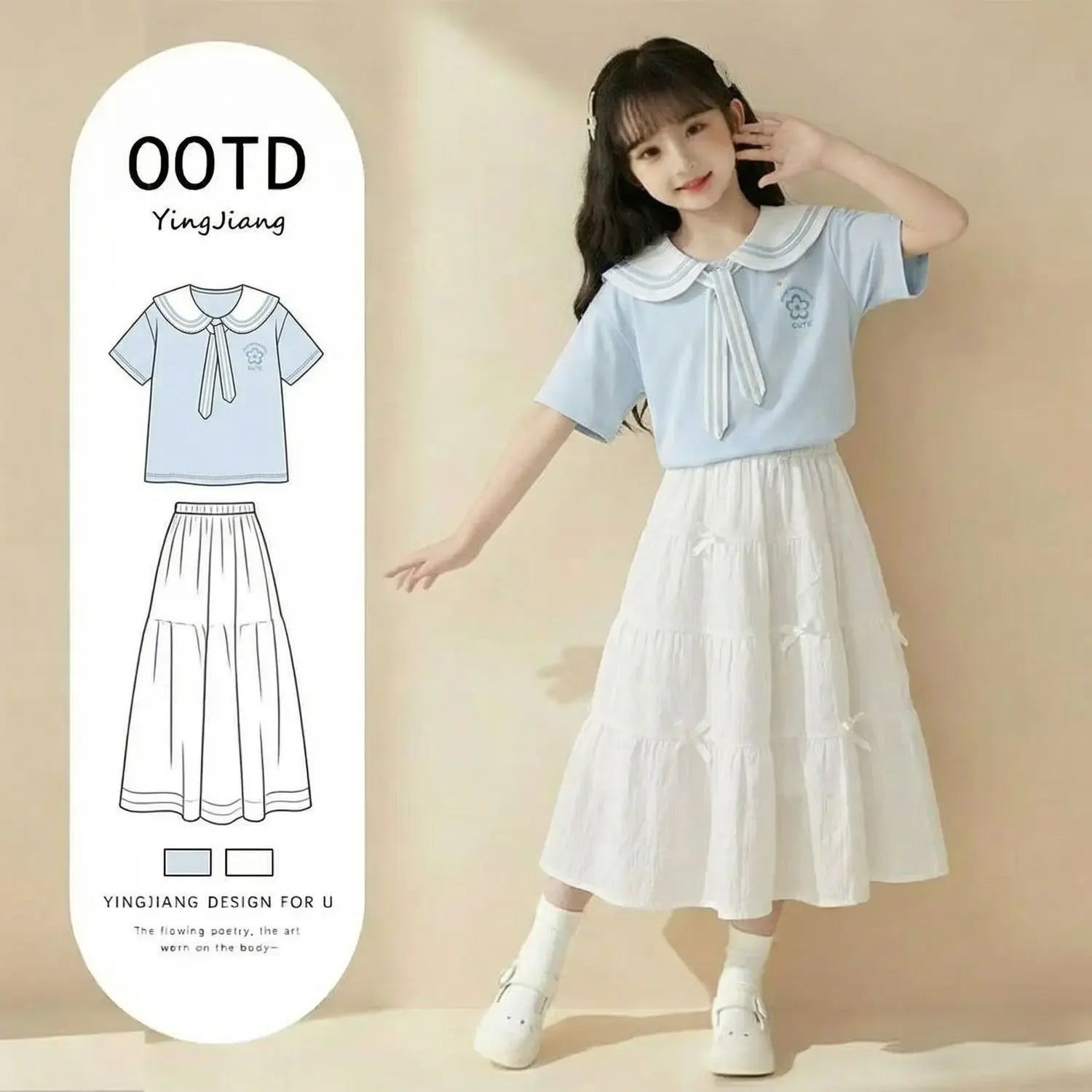 2026 Summer New Arrival Girls 2Pcs Outfit Navy Collar Preppy Style Short Sleeve Top & Skirt Set Sweet Princess Casual Cotton Clo