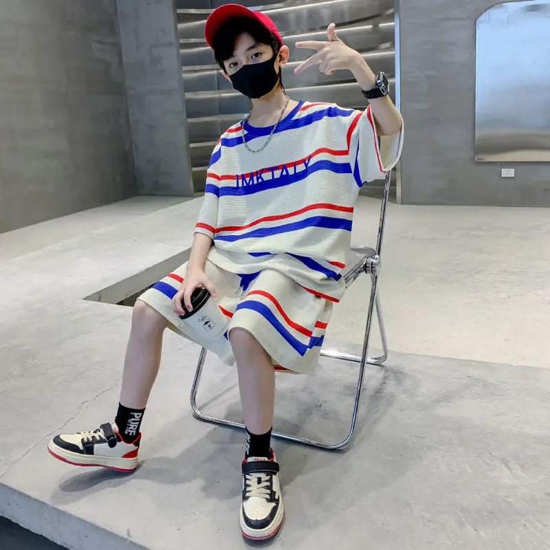 Striped Short-sleeved Sportswear Summer Suit for Boy Set Children From 4 Years Old Tees Kids Clothes Boys Children's Costumes 11